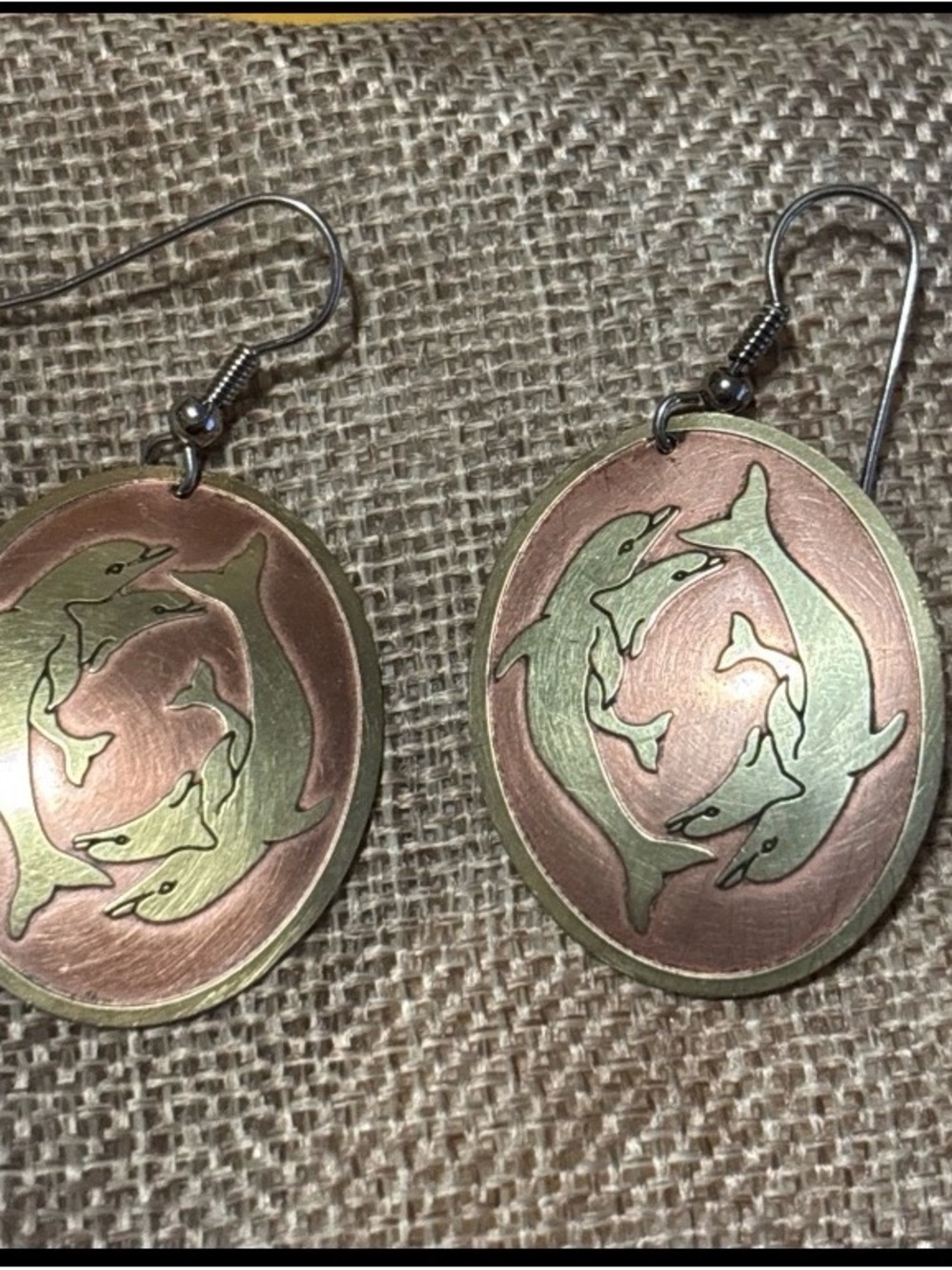 Vintage Brass And Copper Dolphin Dangle Earrings